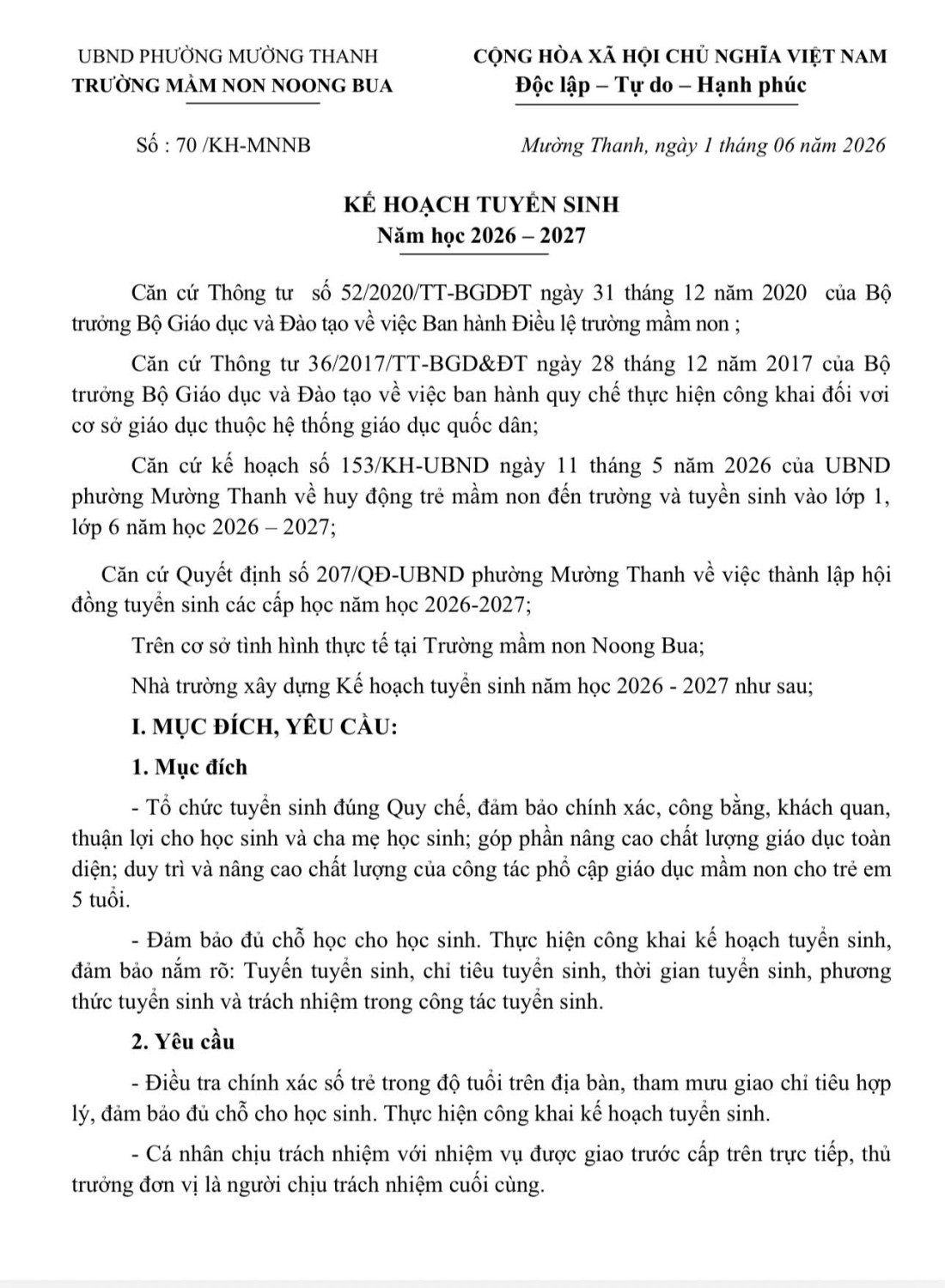 KH TUYỂN SINH NĂM HỌC 2026-2027